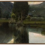 Teodoro Wolf Ferrari, Lago con cipressi e case, 1923 olio su tela, 116 X 156 cm. Collezione Coin